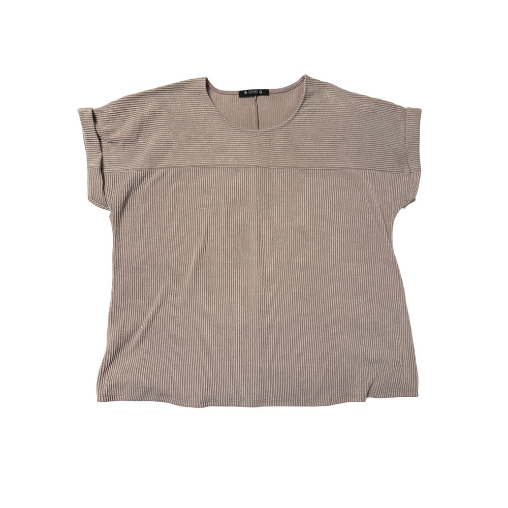 Coin 1804 Los Angeles Ribbed Knit Top Short Sleeve Taupe Mauve Cuffed Scoop Neck
